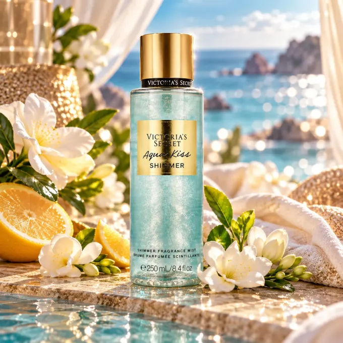 Victoria&rsquo;s Secret Aqua Kiss Shimmer in ambientazione estiva acquatica