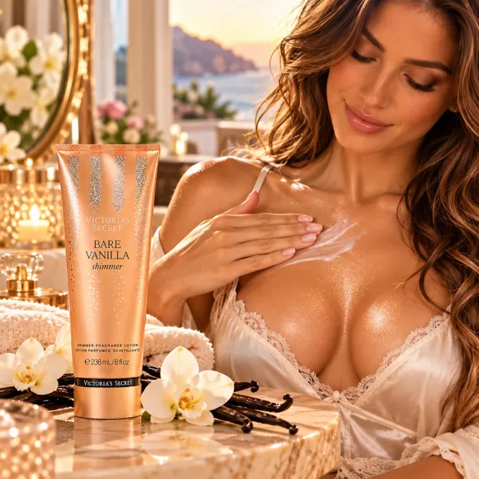 Victoria&rsquo;s Secret Bare Vanilla Shimmer applicata sul d&eacute;collet&eacute;