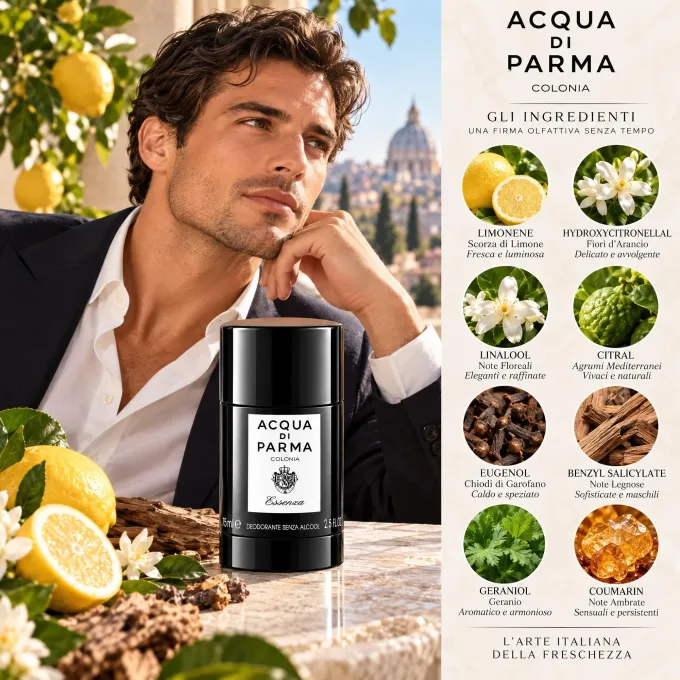 Note olfattive Essenza Deodorante con agrumi rosmarino vetiver patchouli e muschio