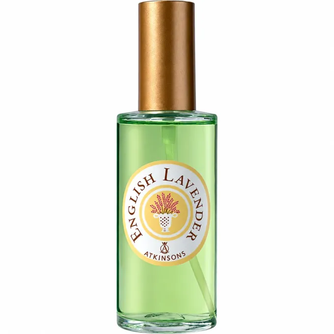Bottiglia cilindrica con etichetta ovale e tappo dorato di Atkinsons English Lavender Spray 75 ml