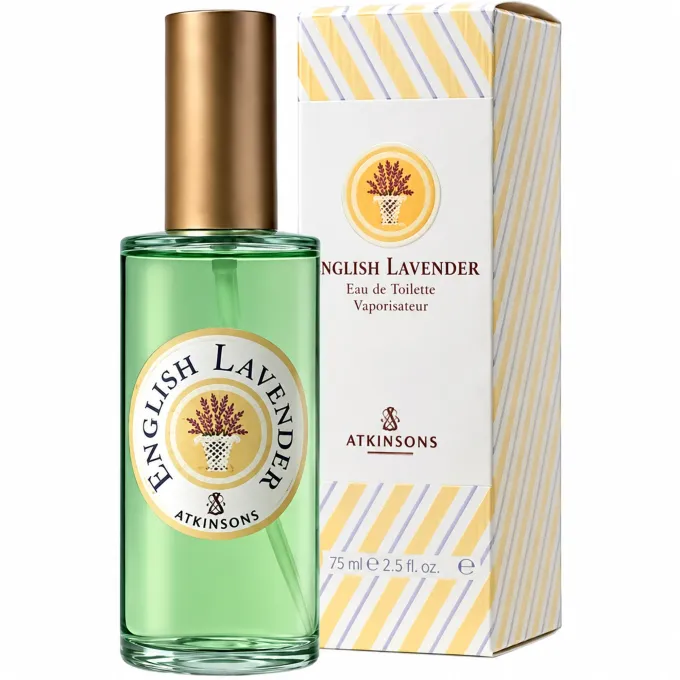 Confezione e flacone di Atkinsons English Lavender Eau de Toilette Spray nel formato da 75 ml