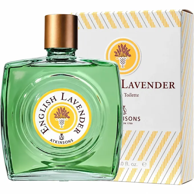 Atkinsons English Lavender Eau de Toilette 90 ml presentato insieme alla sua confezione