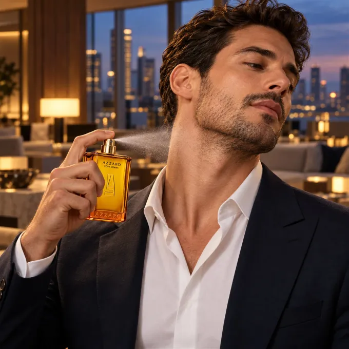 Uomo in abito blu che spruzza Azzaro Pour Homme 100 ml sul collo in un attico con vista sulla citt&agrave;