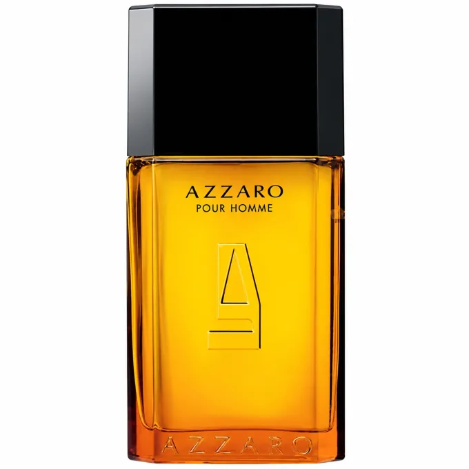 Flacone rettangolare con liquido ambrato e tappo nero di Azzaro Pour Homme Eau de Toilette 100 ml