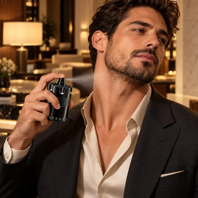 Uomo in abito elegante che spruzza Azzaro The Most Wanted Intense 100 ml sul collo in un salotto dalla luce calda