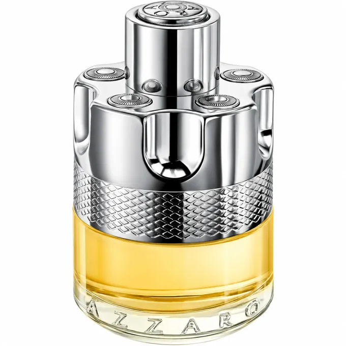 Flacone cilindrico con dettagli argentati e liquido dorato di Azzaro Wanted Man EDT 50 ml