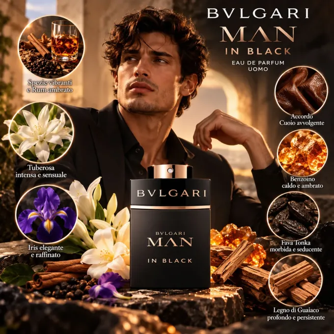 Note olfattive Bvlgari Man In Black con rum cuoio tonka e guaiaco
