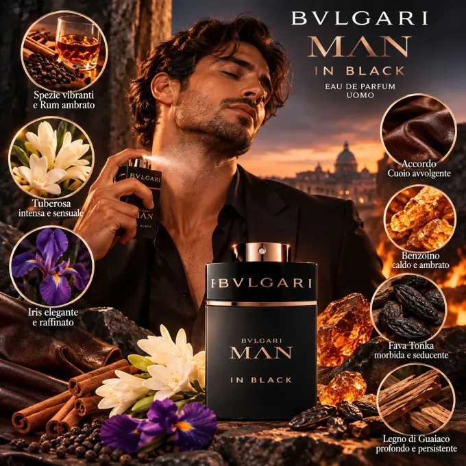 Note olfattive Man In Black con rum tuberosa cuoio tonka e legno di guaiaco