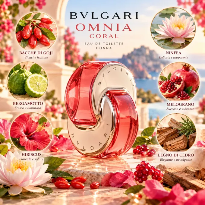 Note olfattive Omnia Coral con goji bergamotto hibiscus e melograno