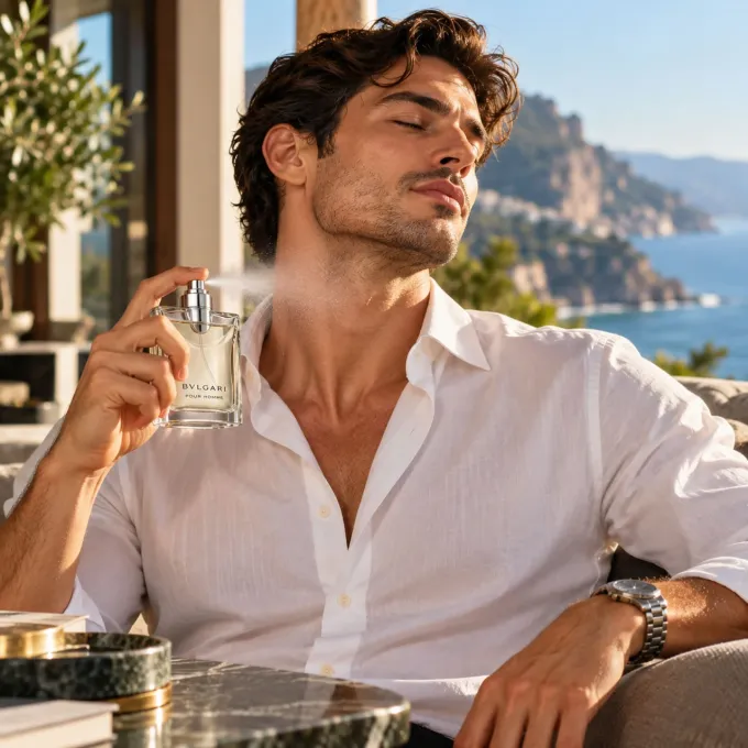 Bvlgari Pour Homme profumo uomo in elegante ambientazione mediterranea