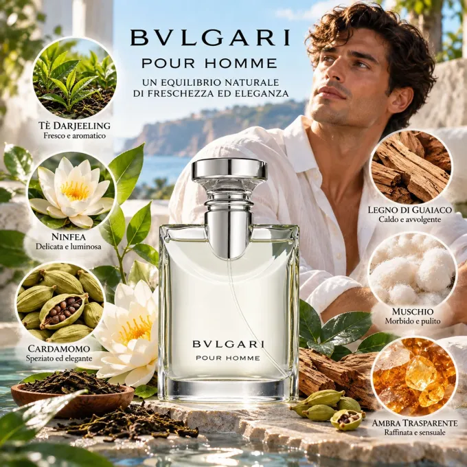 Note olfattive Bvlgari Pour Homme con t&egrave; Darjeeling cardamomo e muschio