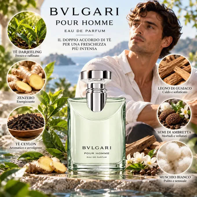 Note olfattive Bvlgari Pour Homme con t&egrave; Darjeeling zenzero guaiaco e muschio