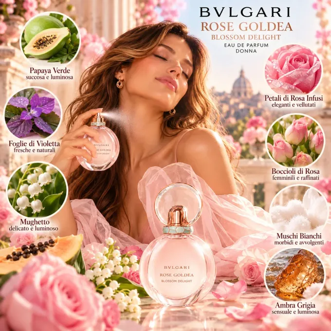Note olfattive Rose Goldea Blossom Delight con rosa papaya violetta e muschi