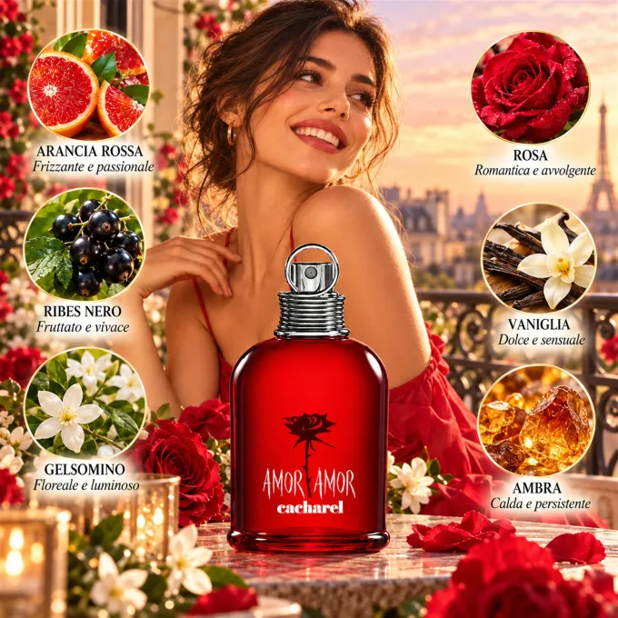 Ingredienti e note della fragranza Cacharel Amor Amor Eau de Toilette donna 50 ml illustrati
