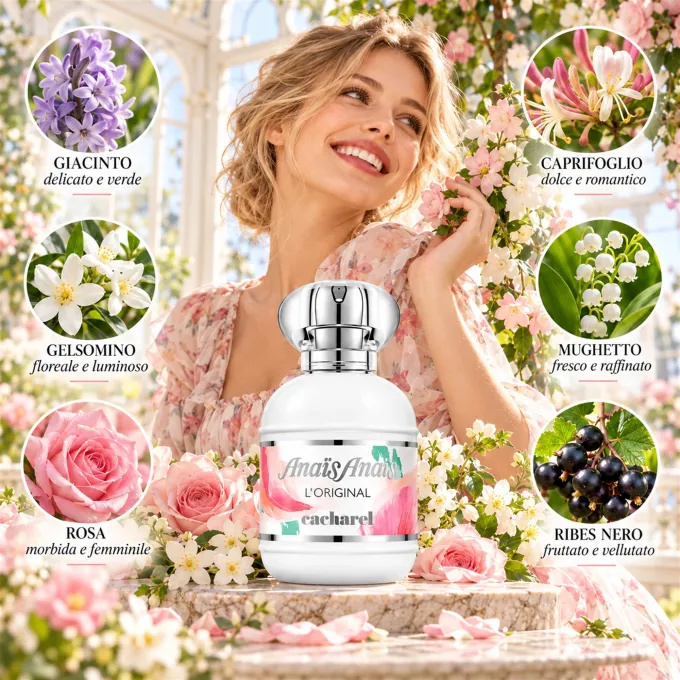 Ingredienti del profumo Cacharel Anais Anais EDT 50 ml rappresentati in una composizione illustrata