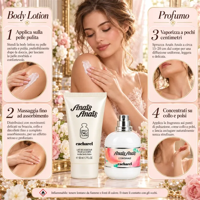 Consigli di utilizzo Cacharel Anais Anais Set Donna con applicazione della crema corpo e del profumo sulla pelle