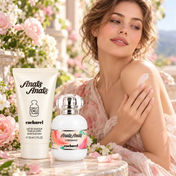 Cacharel Anais Anais Set Donna con profumo e crema corpo in una raffinata ambientazione femminile