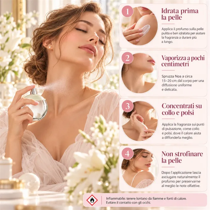 Consigli di utilizzo Cacharel Noa EDT 100 ml con applicazione del profumo sulla pelle