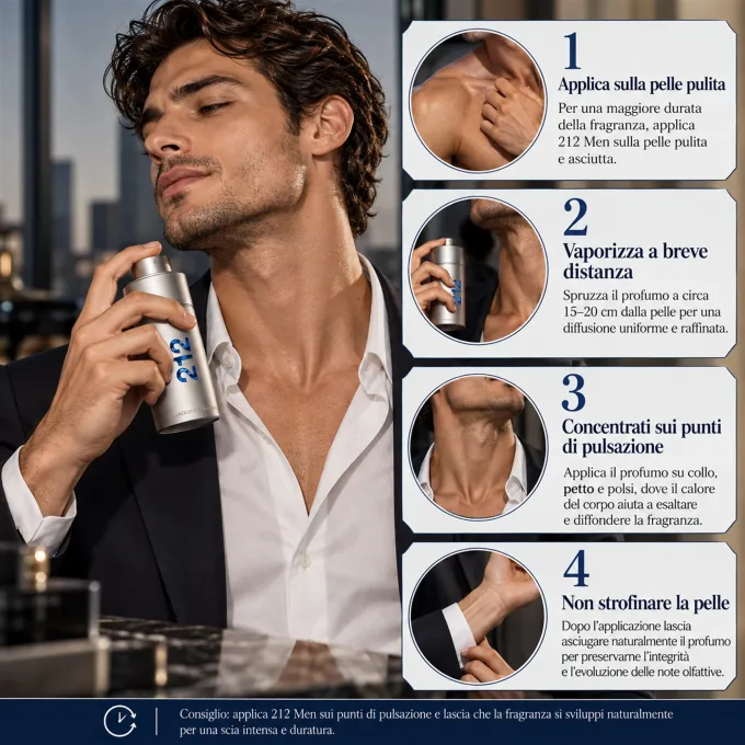 Consigli illustrati per applicare Carolina Herrera 212 Man EDT 100 ml direttamente sulla pelle