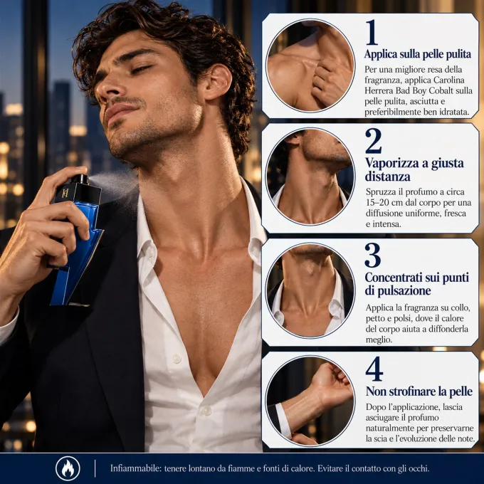 Consigli illustrati per applicare Carolina Herrera Bad Boy Cobalt Eau de Parfum 100 ml sulla pelle