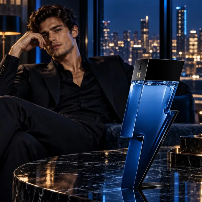 Carolina Herrera Bad Boy Cobalt profumo uomo 100 ml in una composizione fotografica dallo stile contemporaneo