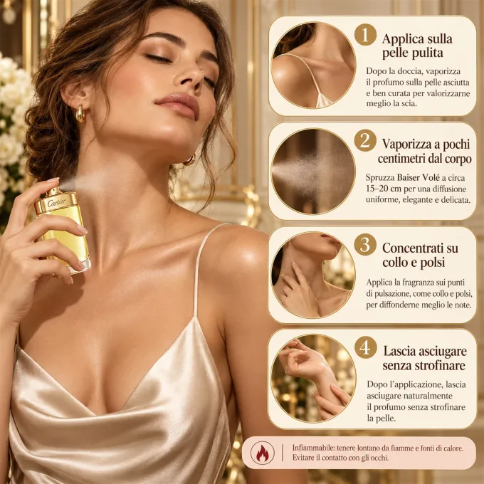 Consigli per applicare Cartier Baiser Vol&eacute; Parfum 50 ml sulla pelle con il vaporizzatore