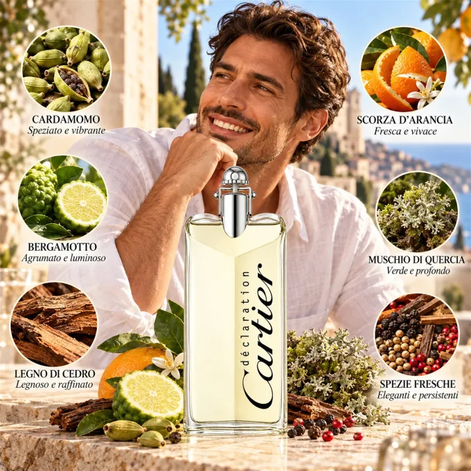 Ingredienti di Cartier D&eacute;claration Eau de Toilette uomo 100 ml rappresentati in una composizione illustrata
