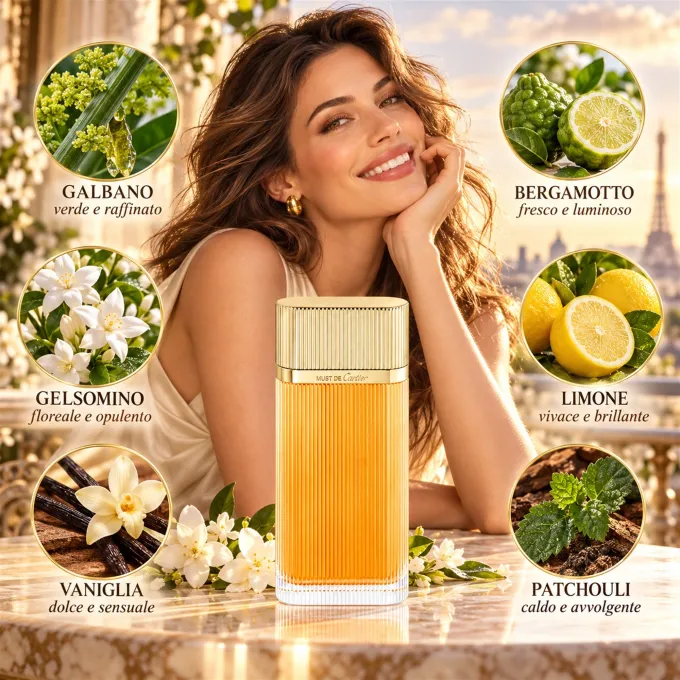 Composizione illustrata dedicata agli ingredienti del profumo Cartier Must Eau de Toilette 100 ml