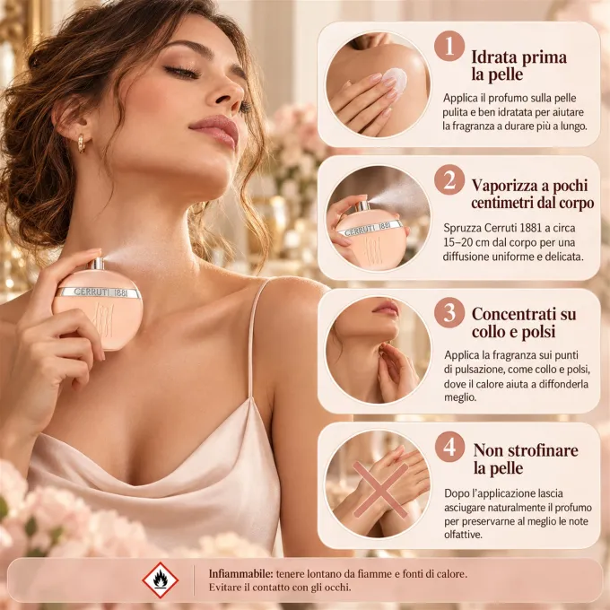 Guida illustrata all'applicazione di Cerruti 1881 Mujer Eau de Toilette 100 ml sulla pelle