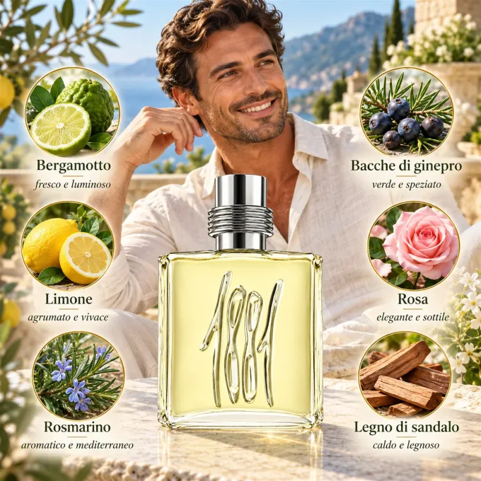 Composizione fotografica dedicata agli ingredienti olfattivi di Cerruti 1881 Pour Homme EDT 100 ml
