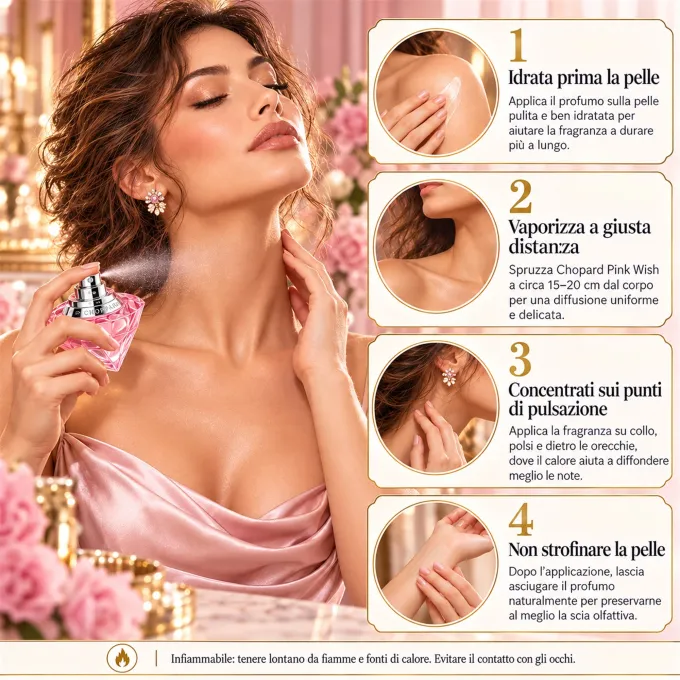 Consigli di applicazione di Chopard Pink Wish Eau de Toilette 75 ml sulla pelle con vaporizzatore