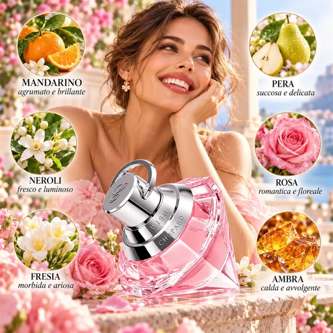 Illustrazione degli ingredienti e delle note olfattive di Chopard Pink Wish Eau de Toilette 75 ml