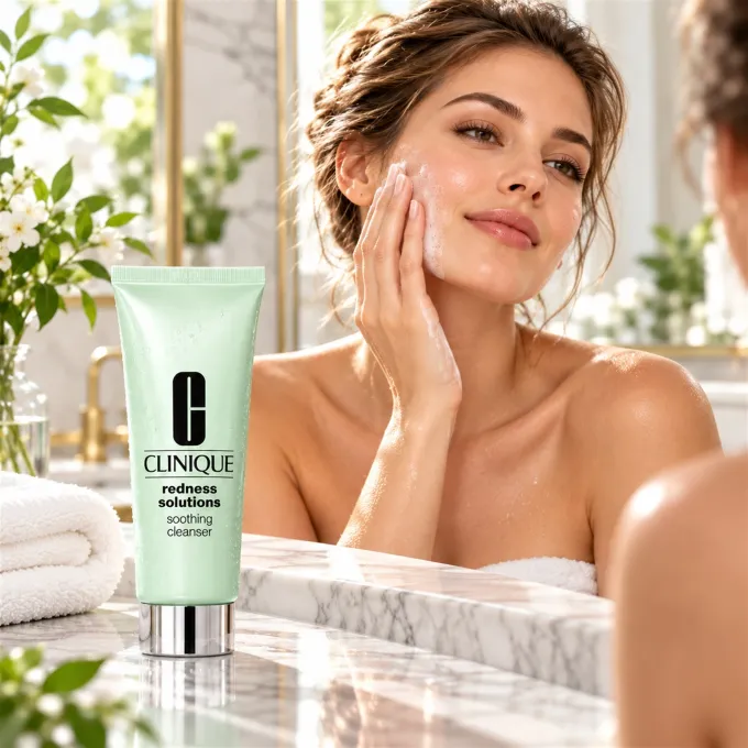 Clinique Redness Solutions Soothing Cleanser in un'illustrazione dedicata alla cura del viso sensibile
