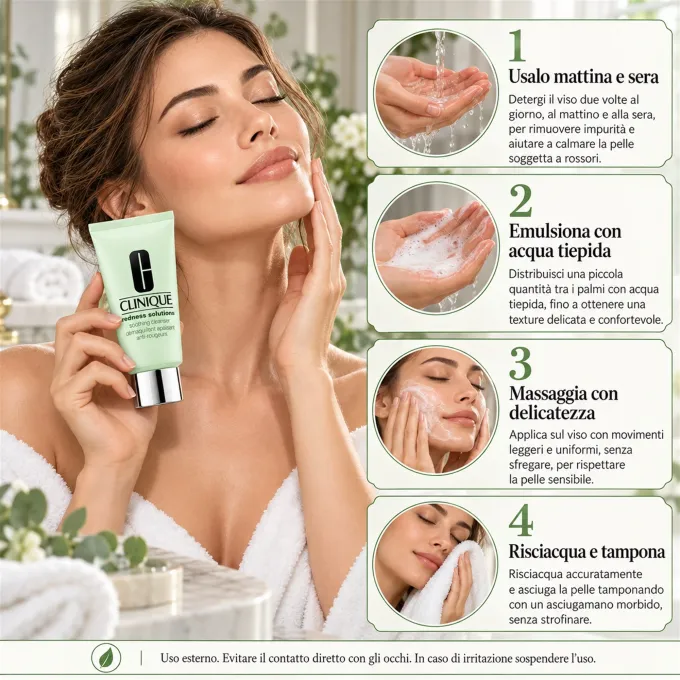 Applicazione di Clinique Redness Solutions Soothing Cleanser 150 ml con massaggio delicato sul viso