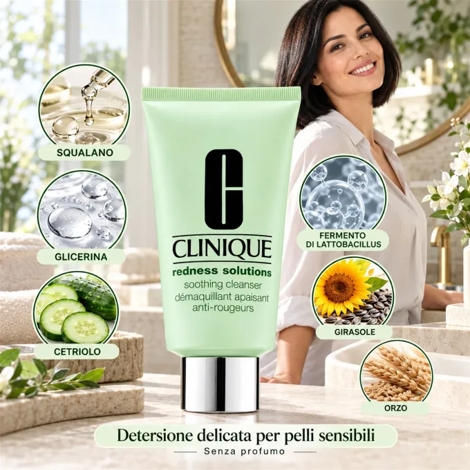 Ingredienti di Clinique Redness Solutions Soothing Cleanser con rappresentazione della formula detergente