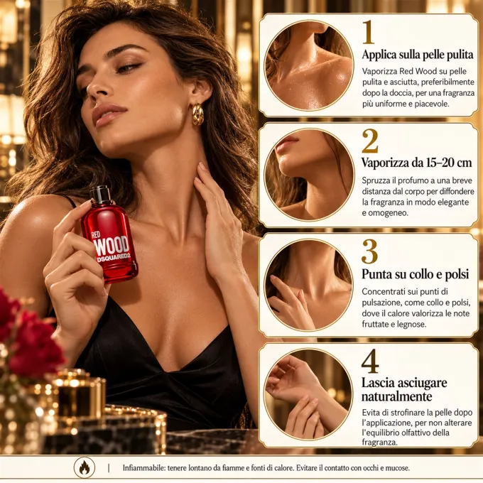 Guida illustrata all'applicazione di Dsquared2 Red Wood Eau de Toilette donna 100 ml sulla pelle