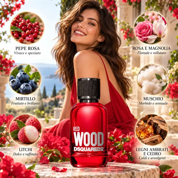 Illustrazione degli ingredienti olfattivi del profumo Dsquared2 Red Wood Donna 100 ml