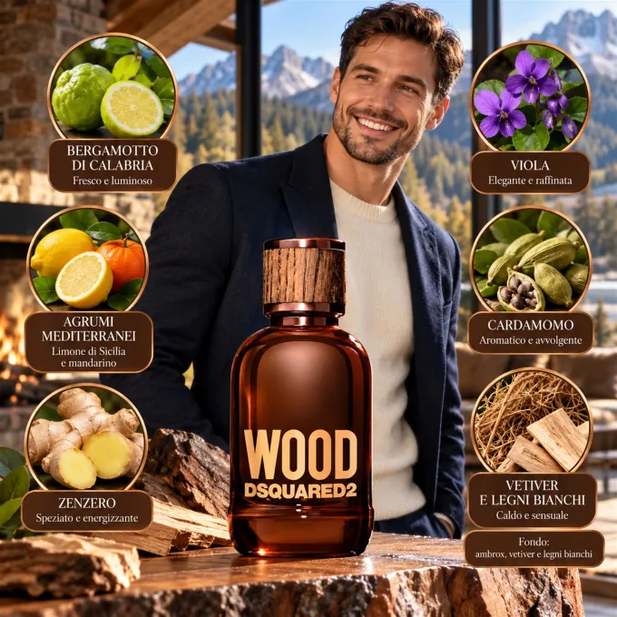 Ingredienti e note olfattive di Dsquared2 Wood Eau de Toilette 50 ml rappresentati in un'illustrazione