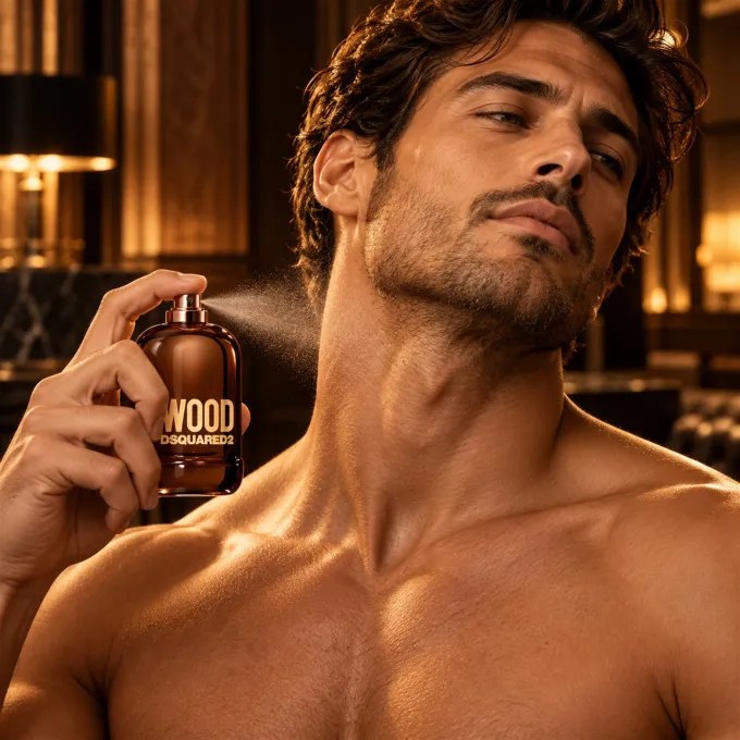 Dsquared2 Wood profumo uomo 50 ml protagonista di una composizione fotografica dedicata alla fragranza