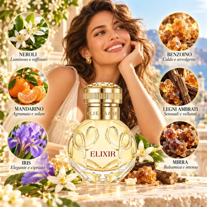 Rappresentazione illustrata delle note olfattive e degli ingredienti di Elie Saab Elixir Eau de Parfum