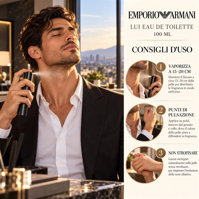 Come applicare Emporio Armani Lui Eau de Toilette su collo e polsi