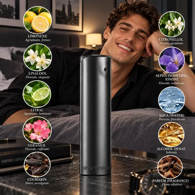 Note olfattive Armani Lui con yuzu muschio bianco cardamomo e vetiver