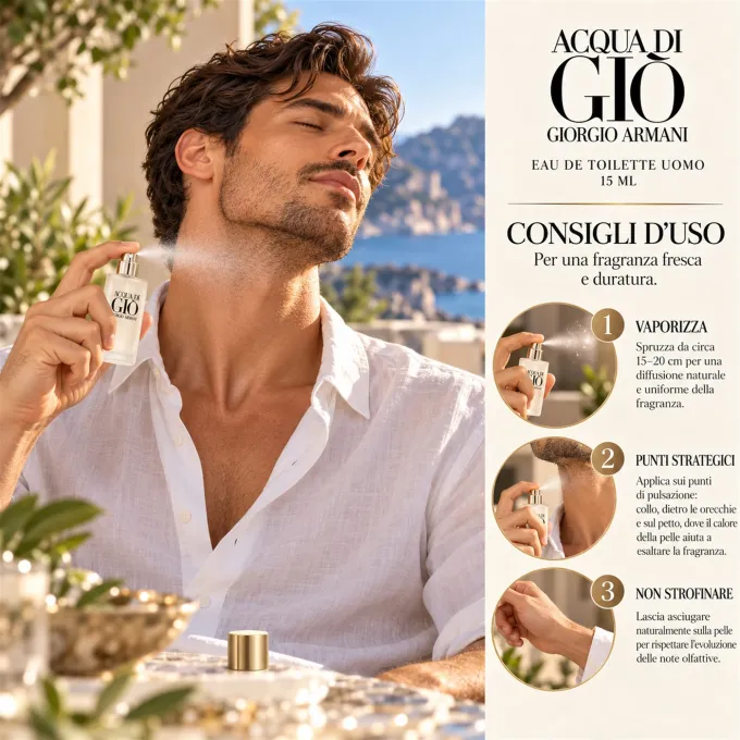 Come applicare Giorgio Armani Acqua di Gi&ograve; Eau de Toilette 15 ml su collo e polsi