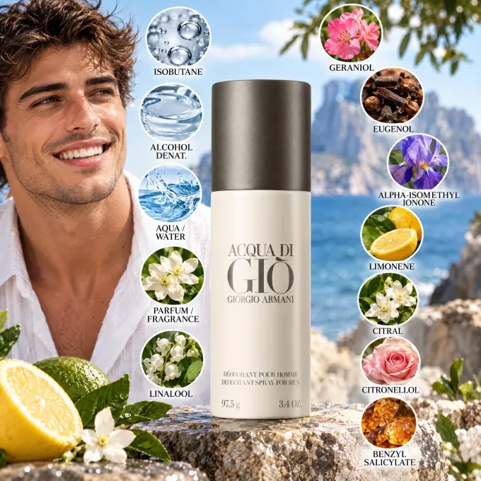 Ingredienti illustrati del deodorante spray uomo Giorgio Armani Acqua di Gi&ograve; nel formato da 150 ml
