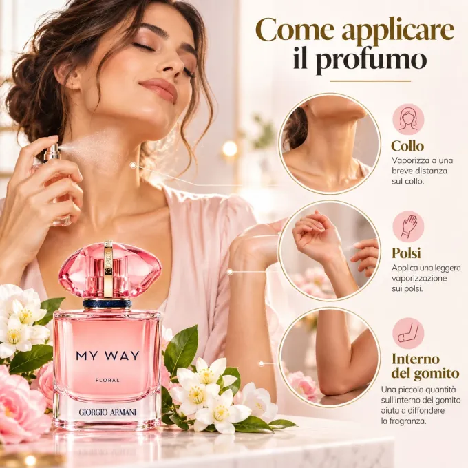 Come applicare Giorgio Armani My Way Floral 90 ml sui punti di pulsazione