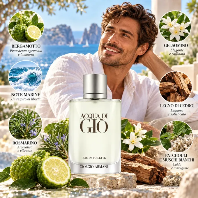 Illustrazione delle note olfattive di Acqua di Gi&ograve; Pour Homme Eau de Toilette Uomo 100 ml