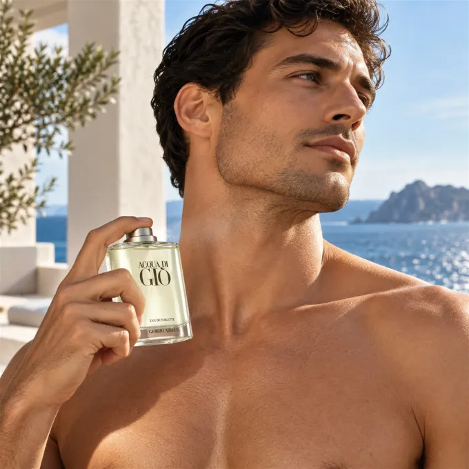 Giorgio Armani Acqua di Gi&ograve; Pour Homme 100 ml in una fotografia pubblicitaria dedicata alla fragranza maschile