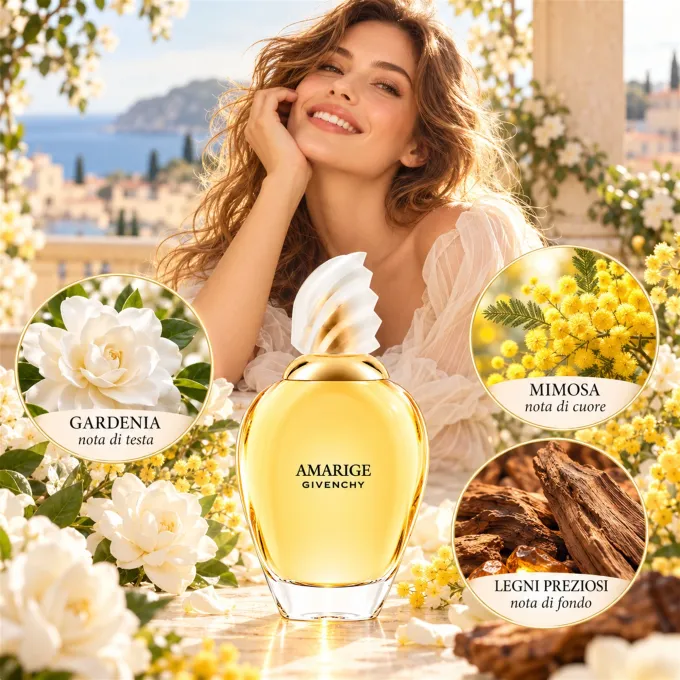 Illustrazione degli ingredienti e delle componenti olfattive di Givenchy Amarige Eau de Toilette