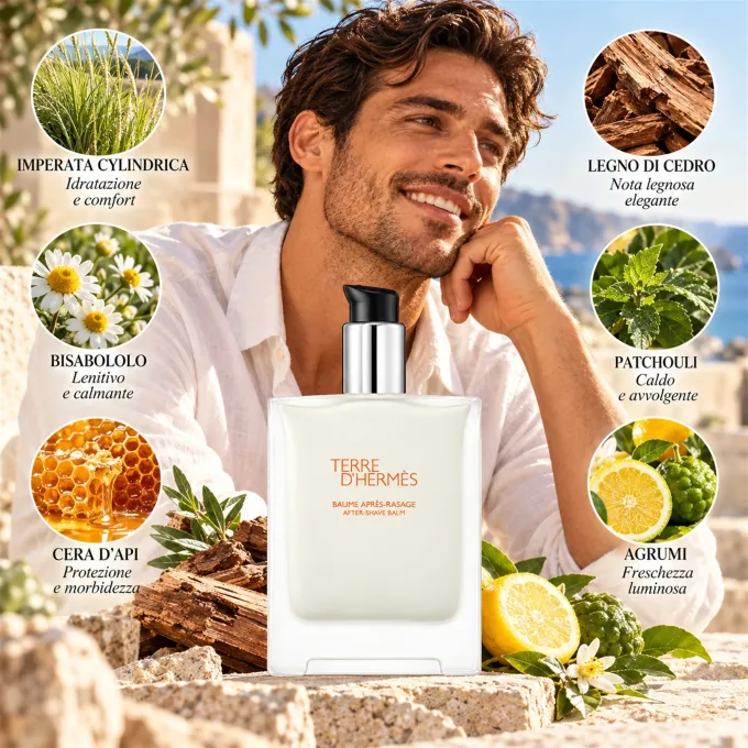 Illustrazione degli ingredienti del balsamo dopobarba Herm&egrave;s Terre d&rsquo;Herm&egrave;s 100 ml