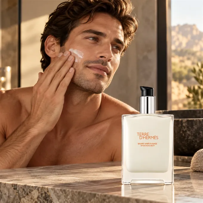 Terre d&rsquo;Herm&egrave;s balsamo dopobarba 100 ml in una raffinata scena dedicata alla cura maschile